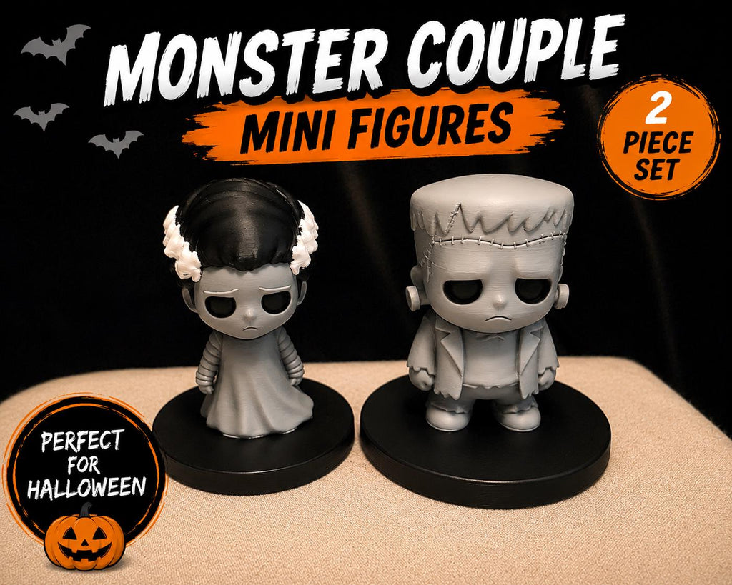 Monster Couple Mini Figures Set | Bride & Frankenstein Gothic Desk Decor | Cute Spooky Halloween Shelf Sitters | 70mm Chibi Horror Figurines