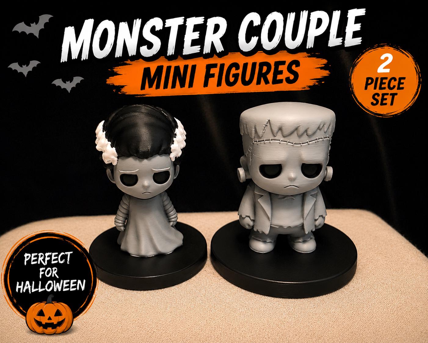 Monster Couple Mini Figures Set | Bride & Frankenstein Gothic Desk Decor | Cute Spooky Halloween Shelf Sitters | 70mm Chibi Horror Figurines