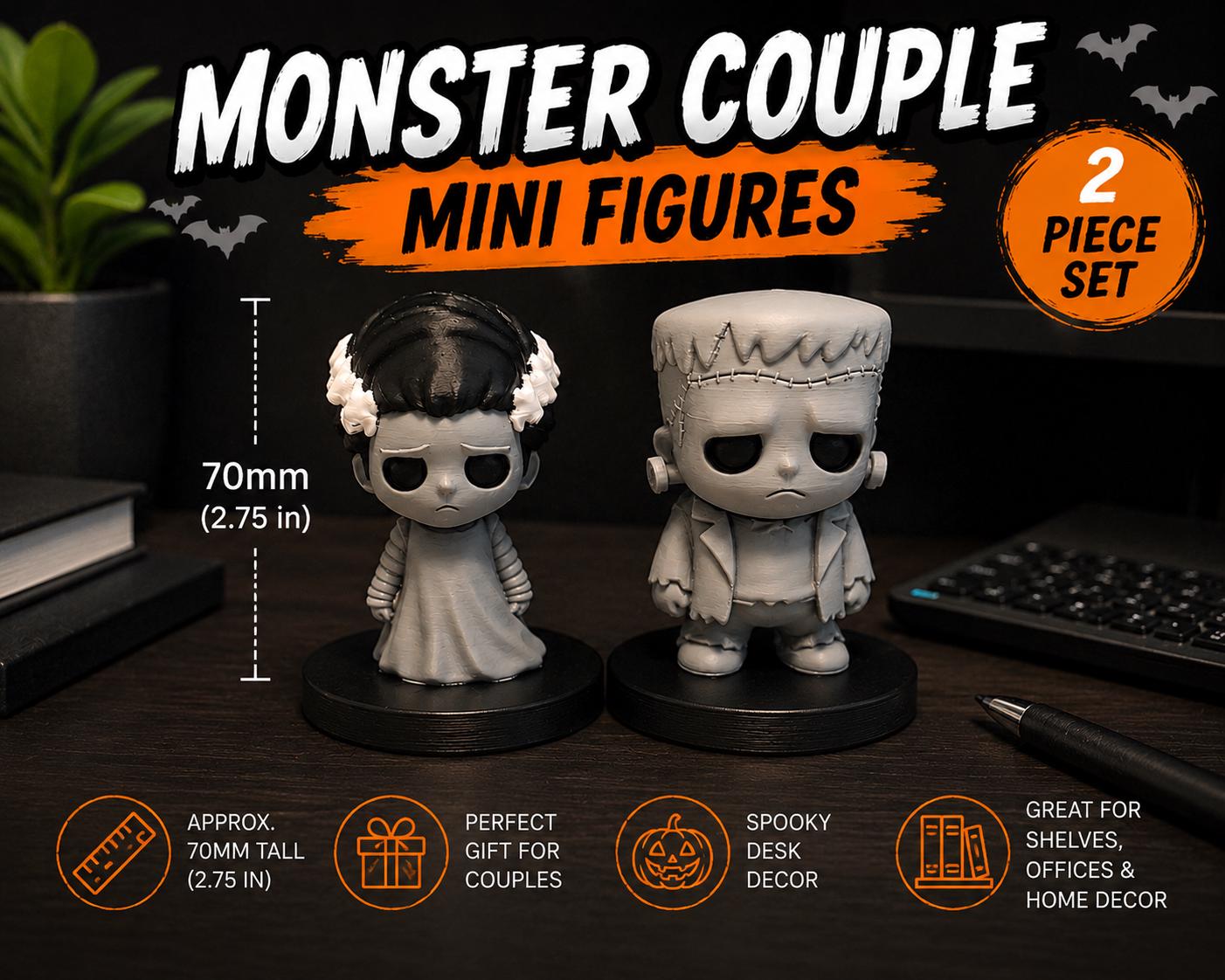 Monster Couple Mini Figures Set | Bride & Frankenstein Gothic Desk Decor | Cute Spooky Halloween Shelf Sitters | 70mm Chibi Horror Figurines