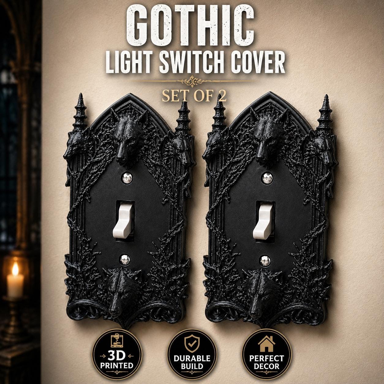 Gothic Wolf Light Switch Cover Set of 2 – Dire Wolf Wall Plate – Dark Home Decor – 3D Printed Switch Plate – Wolf Decor – Dark Academia