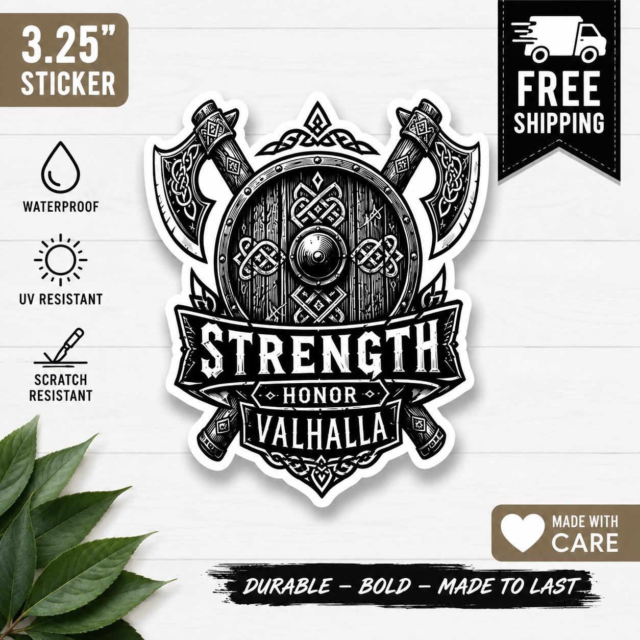 Viking Strength Honor Valhalla Sticker | Norse Warrior Decal | Waterproof Vinyl Sticker | Viking Axe Sticker | Laptop Water Bottle Decal