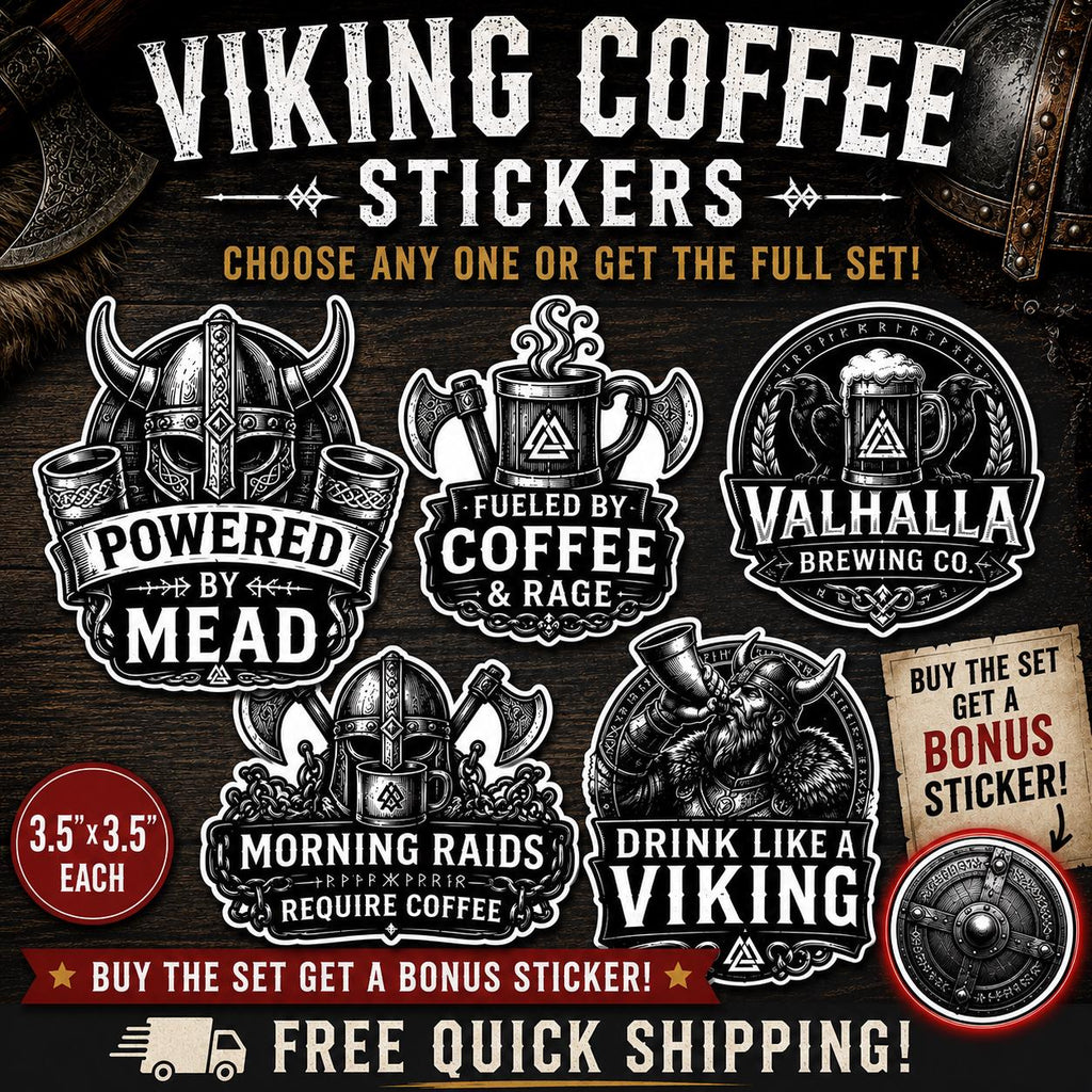 Viking Coffee Stickers | Funny Norse Decals | 3.5x3.5” Viking Sticker Set | Water Bottle Laptop Toolbox Sticker | Choose One or Full Set