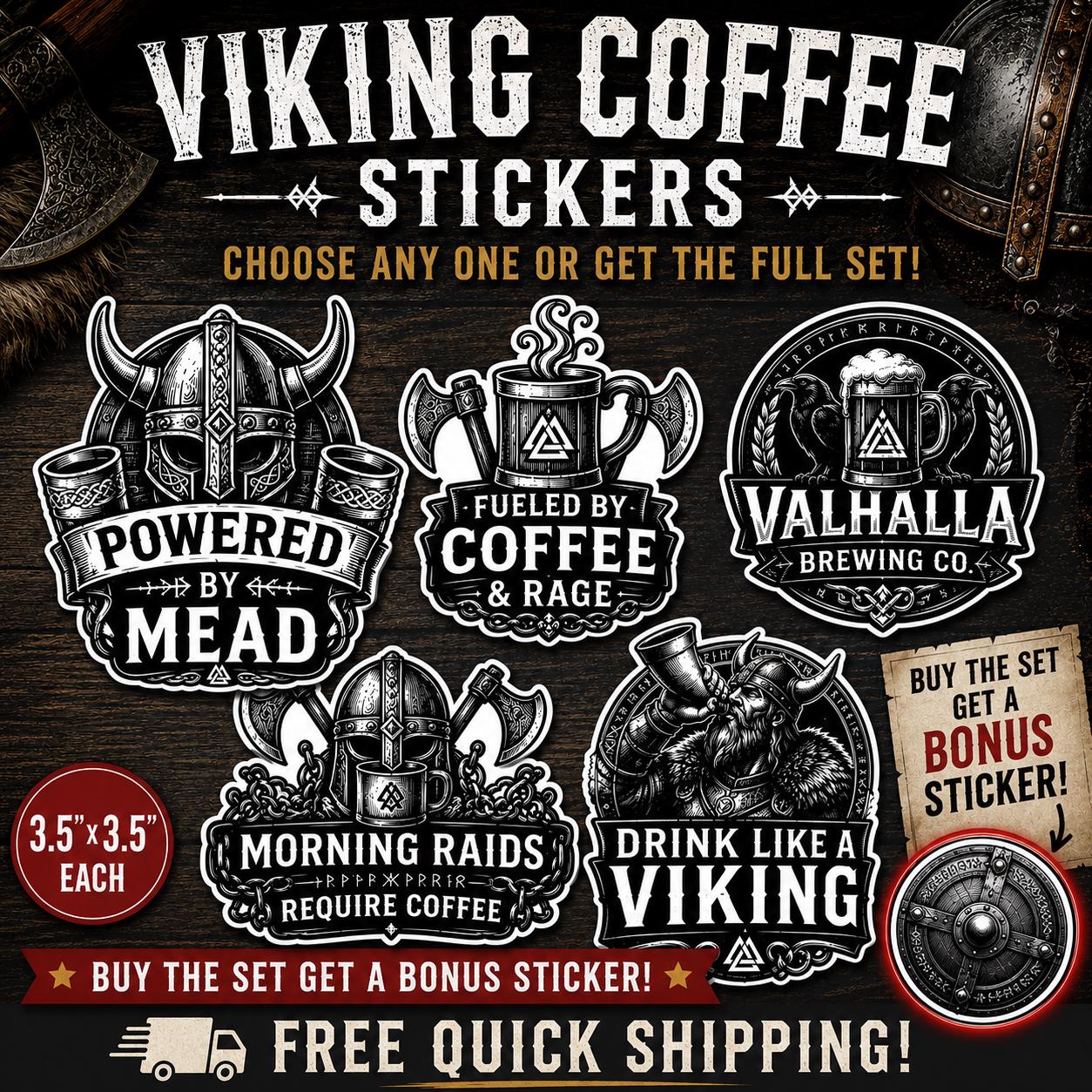 Viking Coffee Stickers | Funny Norse Decals | 3.5x3.5” Viking Sticker Set | Water Bottle Laptop Toolbox Sticker | Choose One or Full Set