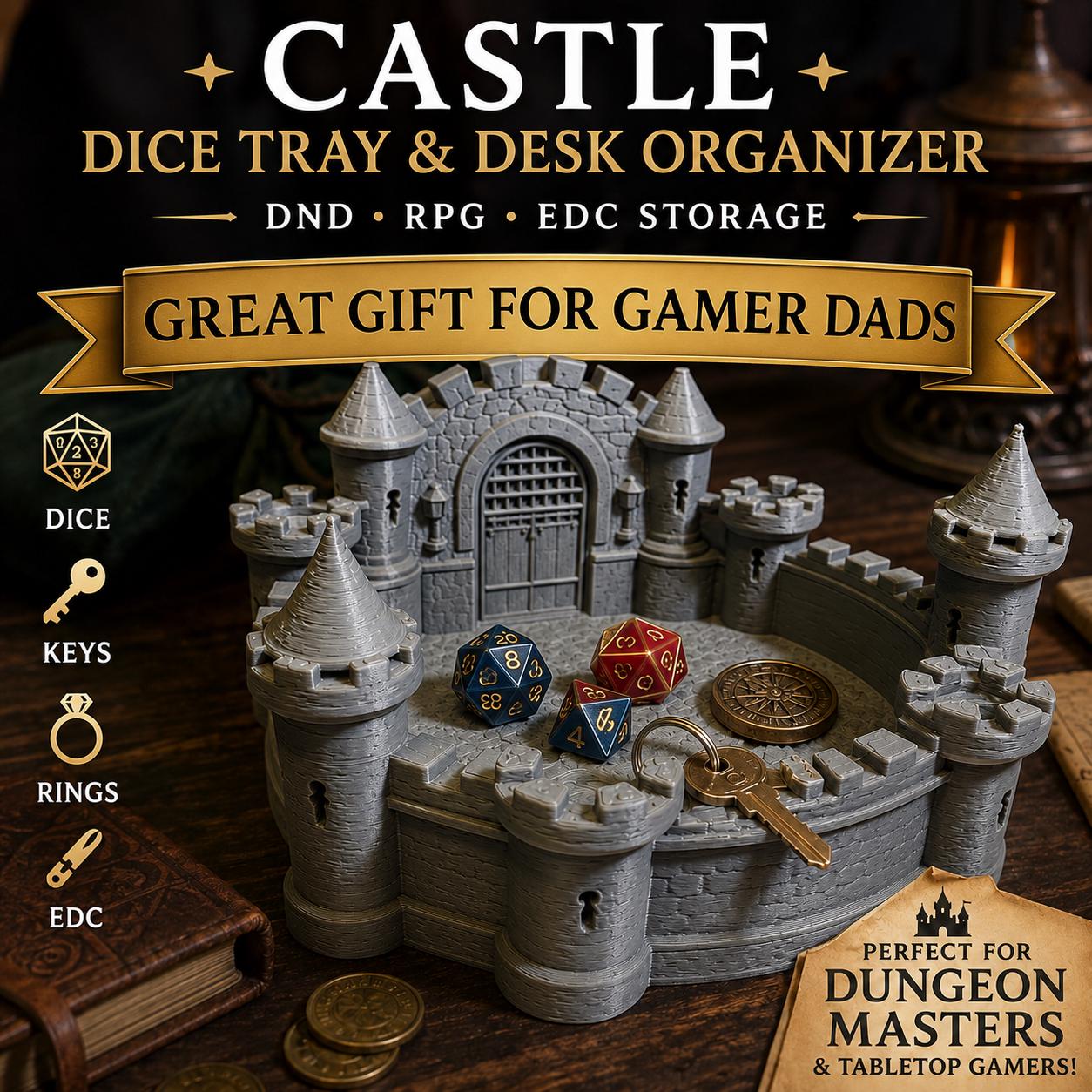 Castle Dice Tray & Desk Organizer for Dad | DND Dice Holder | RPG Dungeon Master Gift | Medieval Desk Decor | Father’s Day Gift for Gamers