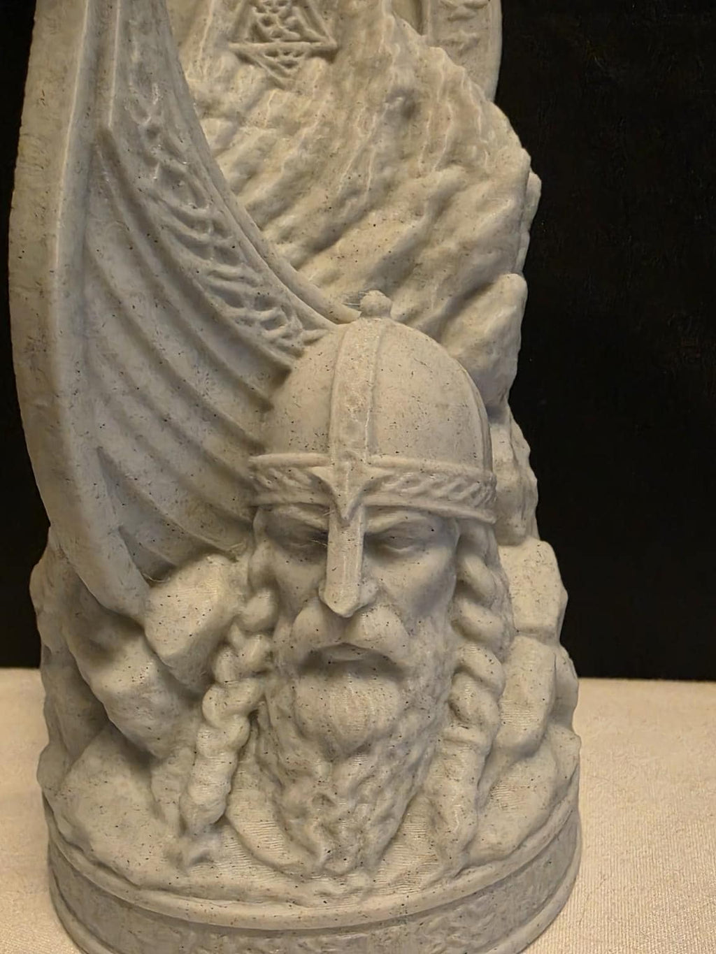 Norse Viking Statue – 3D Printed Nordic Warrior Desk Decor – Viking Longship & Mountain Display – Stone Style Scandinavian Shelf Accent
