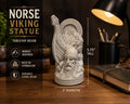 Norse Viking Statue – 3D Printed Nordic Warrior Desk Decor – Viking Longship & Mountain Display – Stone Style Scandinavian Shelf Accent