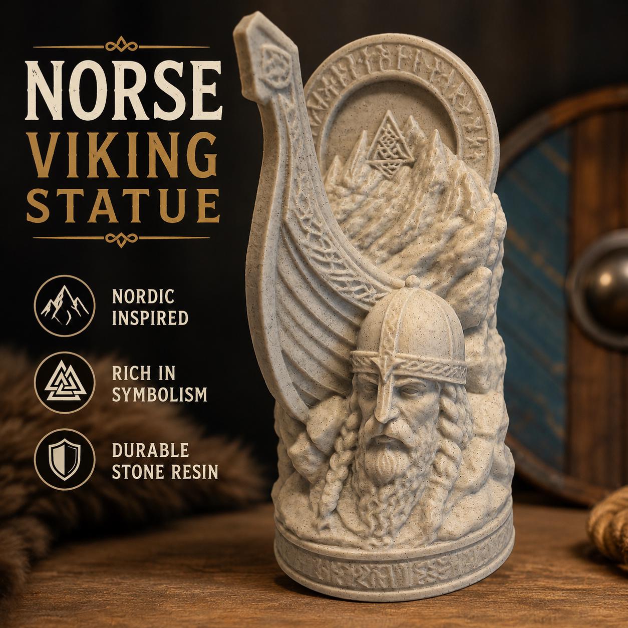 Norse Viking Statue – 3D Printed Nordic Warrior Desk Decor – Viking Longship & Mountain Display – Stone Style Scandinavian Shelf Accent