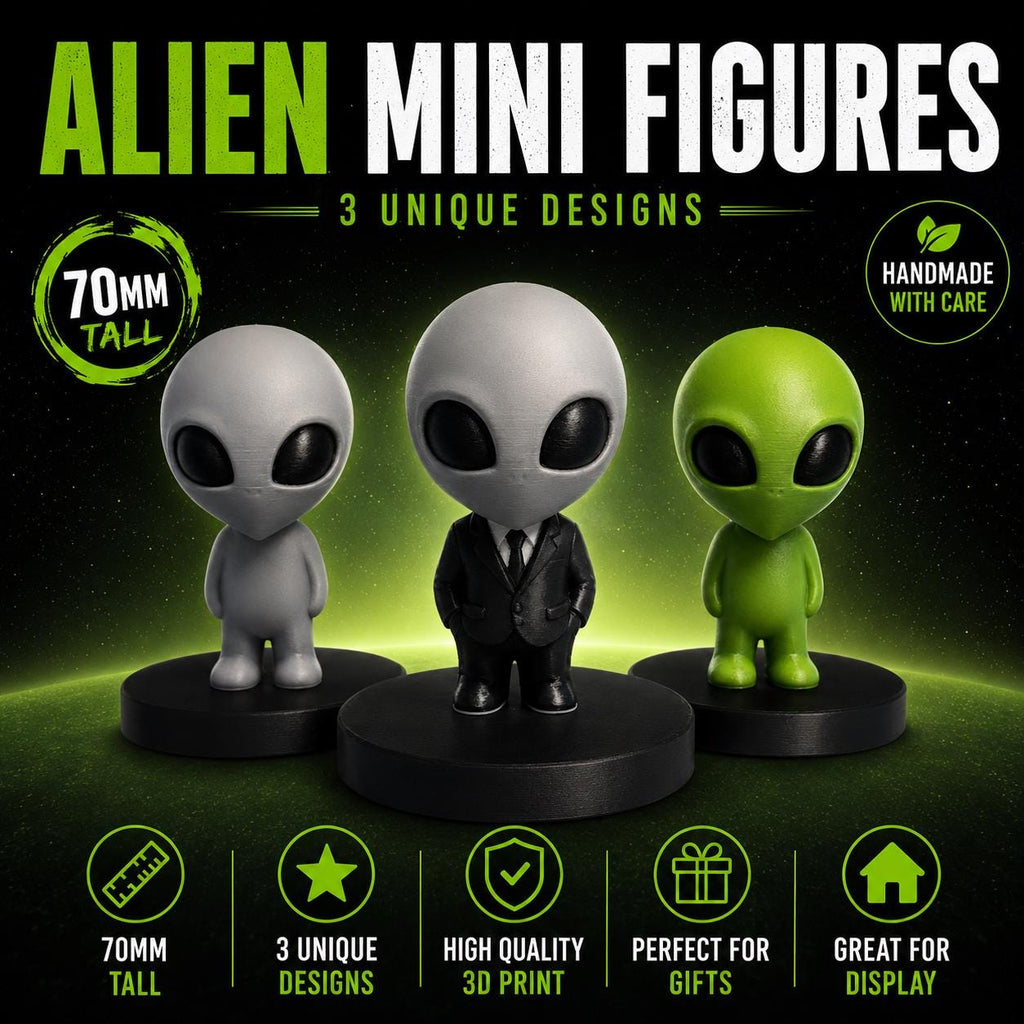 3D Printed Alien Mini Figures Set | Cute UFO Desk Decor | 70mm Collectible Alien Statues | Sci Fi Shelf Decor | Gamer Desk Accessories