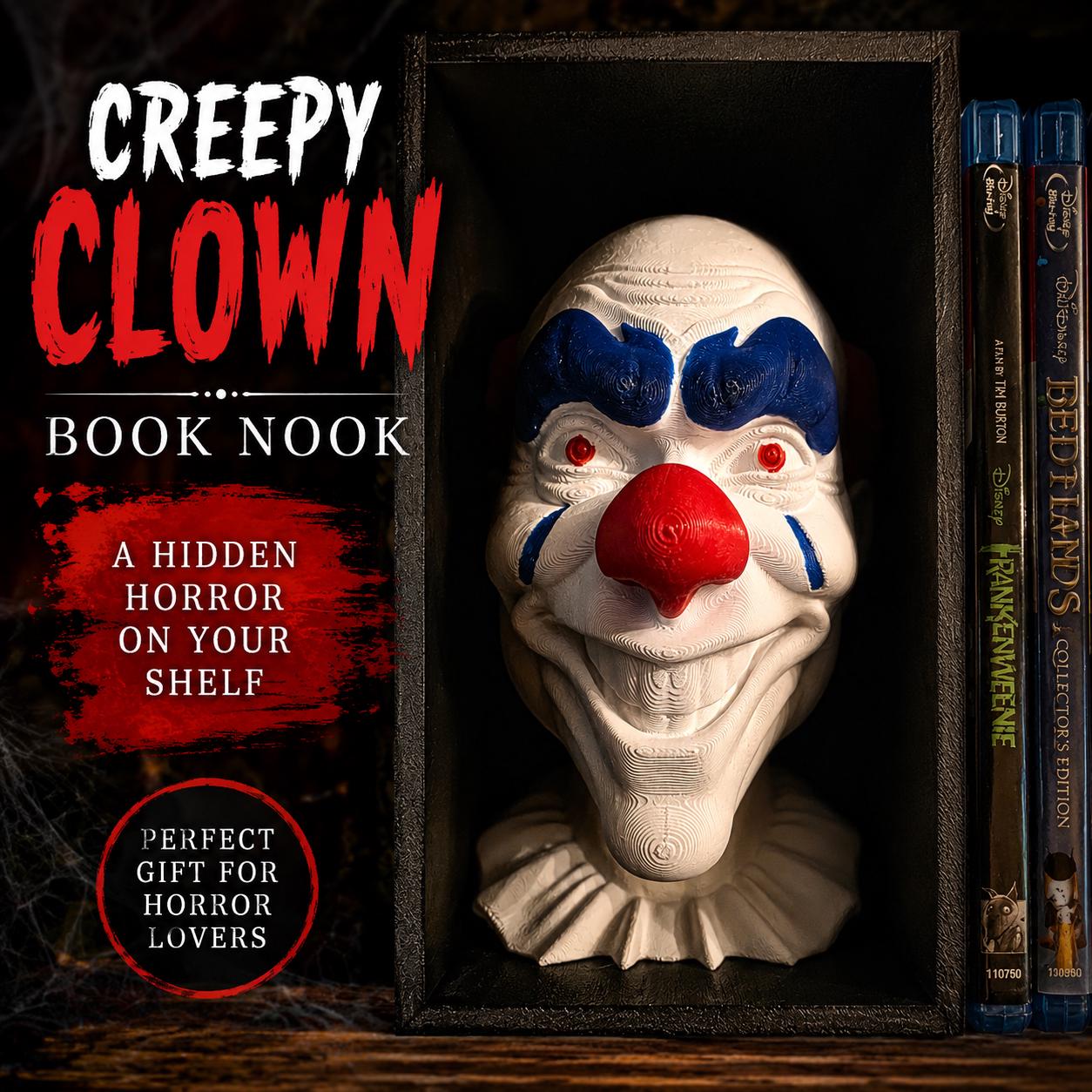 Creepy Clown Book Nook – Horror Bookshelf Insert – Gothic Decor Killer Clown Diorama – Cool Scary Movie Fan Gift – 3D Printed Shelf Insert