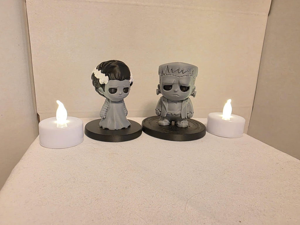 Monster Couple Mini Figures Set | Bride & Frankenstein Gothic Desk Decor | Cute Spooky Halloween Shelf Sitters | 70mm Chibi Horror Figurines