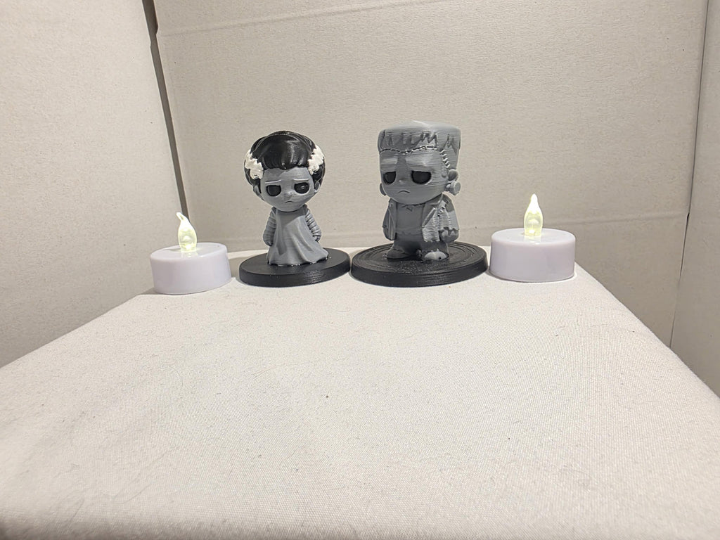 Monster Couple Mini Figures Set | Bride & Frankenstein Gothic Desk Decor | Cute Spooky Halloween Shelf Sitters | 70mm Chibi Horror Figurines