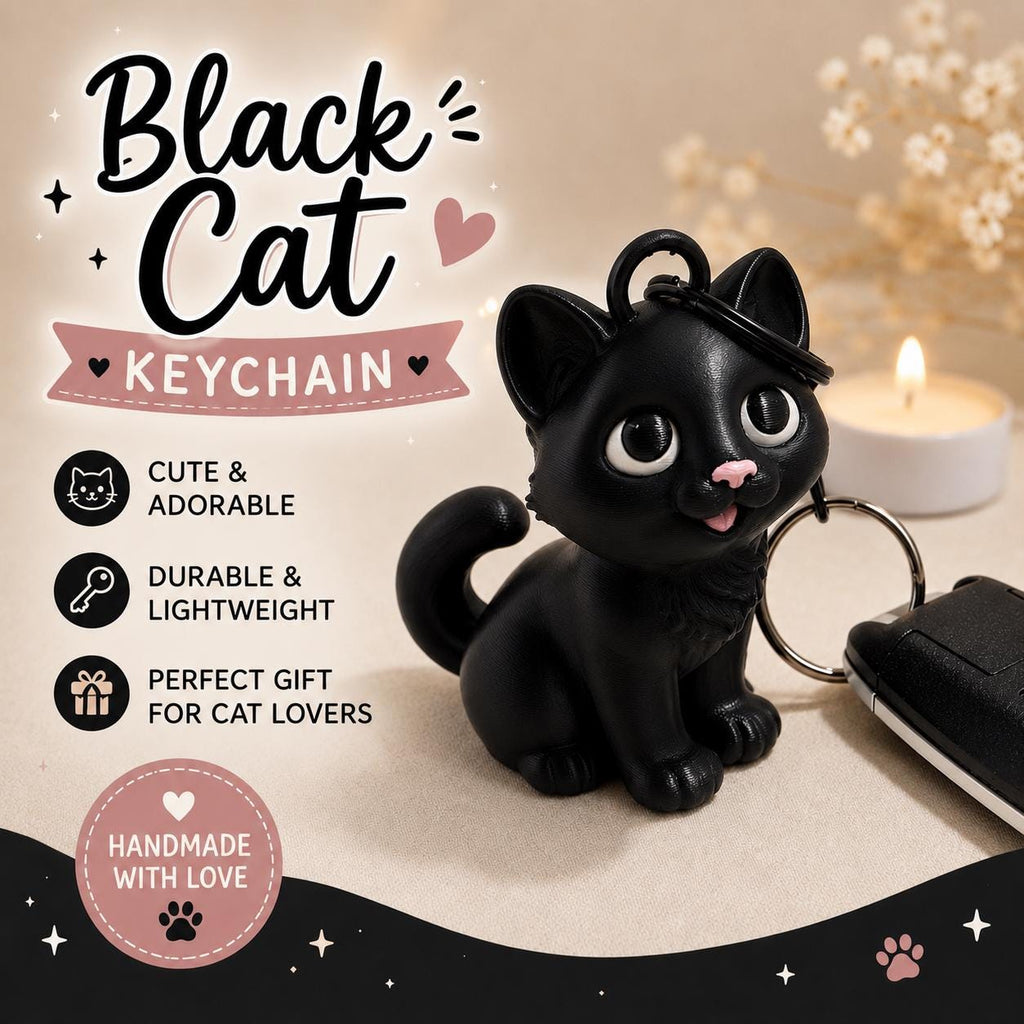 Black Cat Keychain – Cute Spooky Cat Charm for Keys, Bags & Backpacks | 3D Printed Gothic Accessory