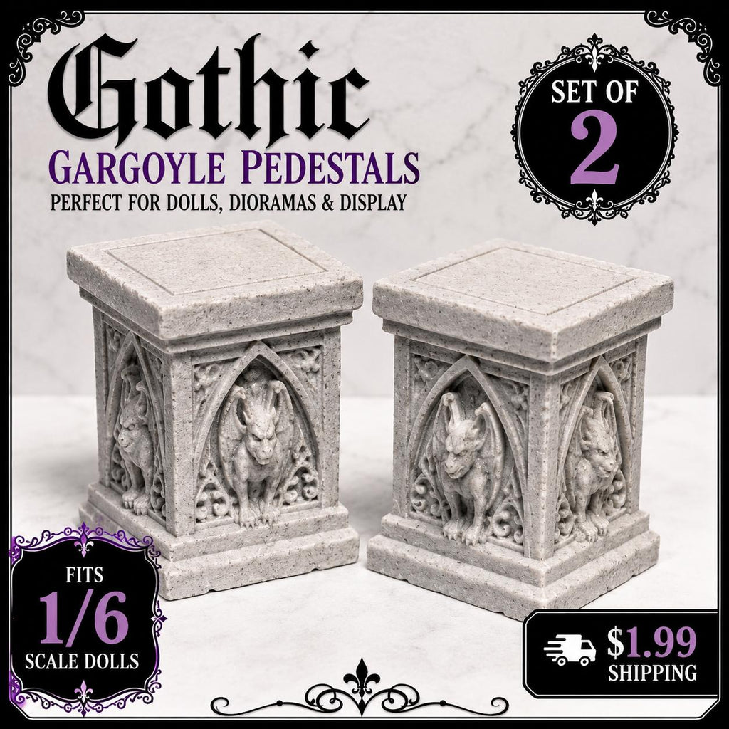 Gothic Gargoyle Pedestals Set of 2 | Doll Display Stands | Gothic Dollhouse Decor | Monster Doll Accessories | 1:6 Scale Props