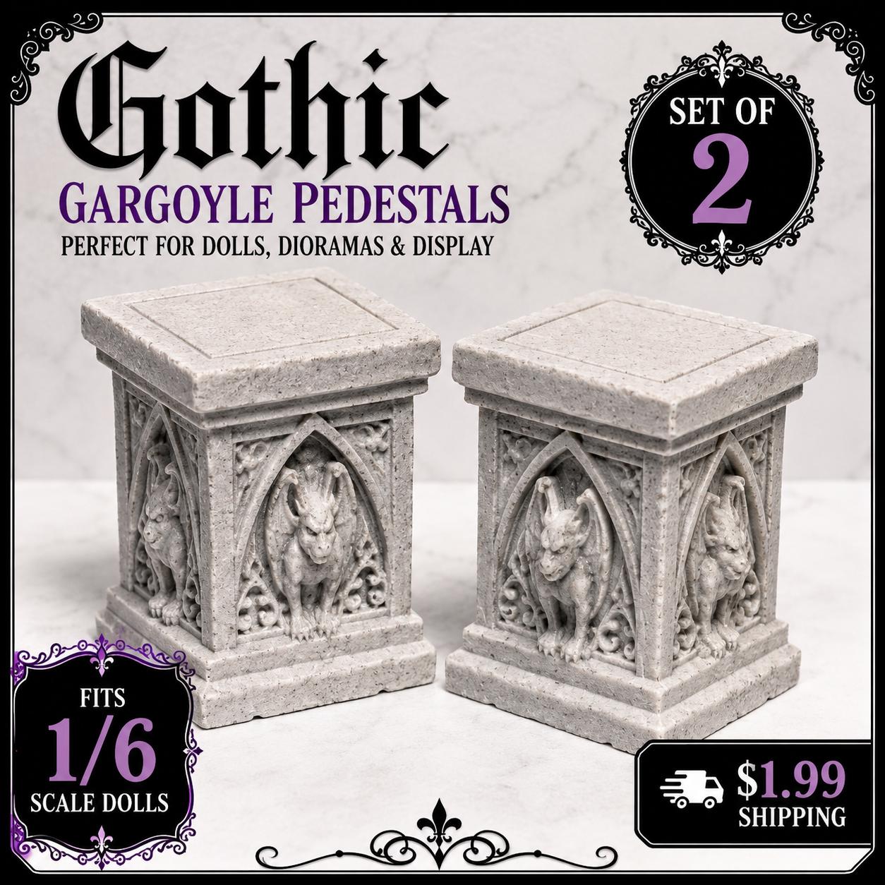 Gothic Gargoyle Pedestals Set of 2 | Doll Display Stands | Gothic Dollhouse Decor | Monster Doll Accessories | 1:6 Scale Props