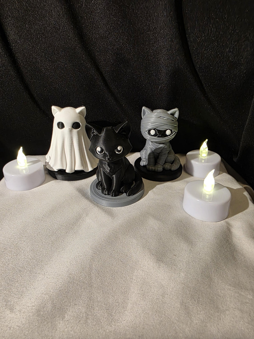 Cute Spooky Gothic Cat Figurines – 3D Printed Mummy, Ghost & Black Cat Desk Decor