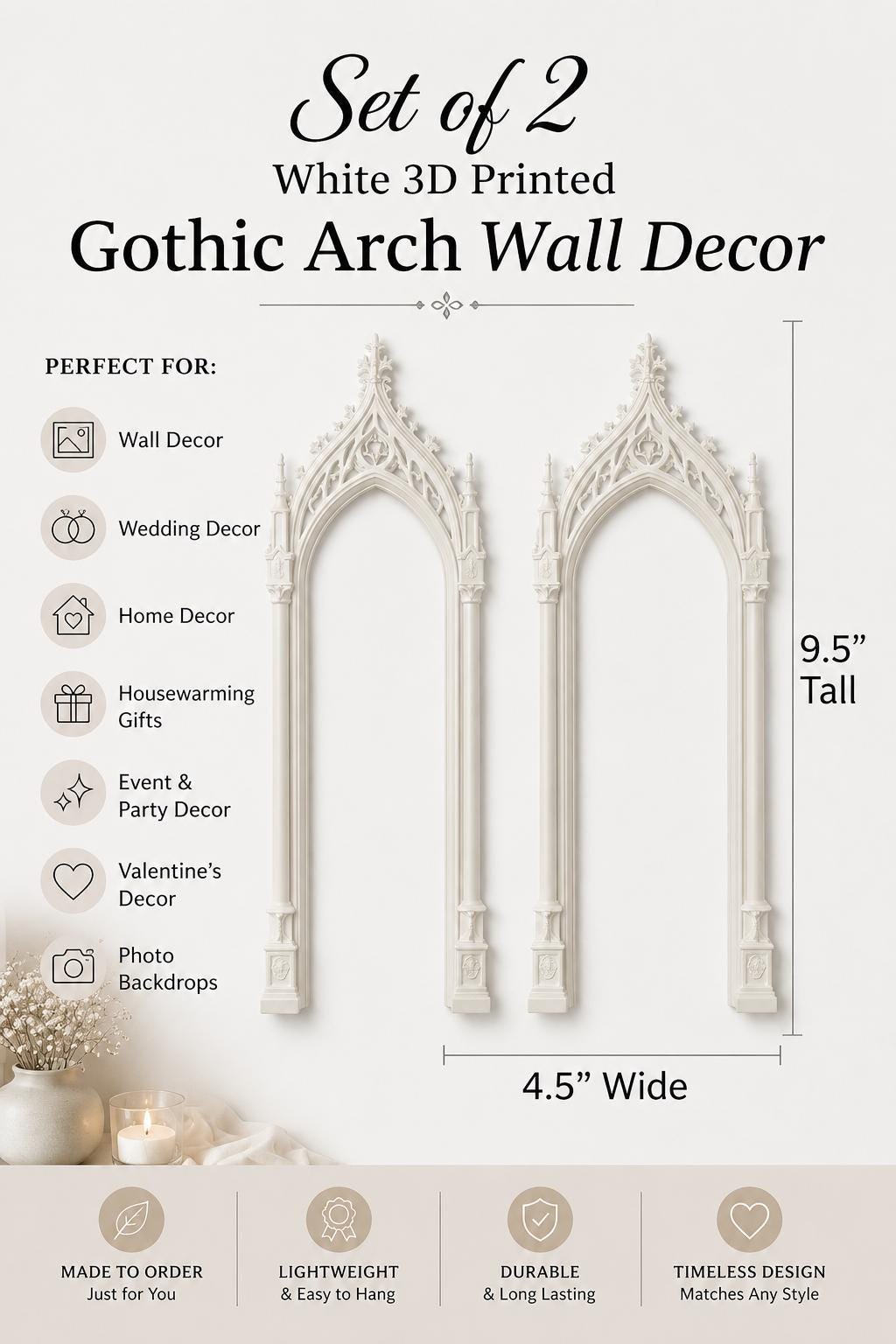 Set of 2 White Gothic Arch Wall Decor, Cathedral Academia Home Hanging Pair