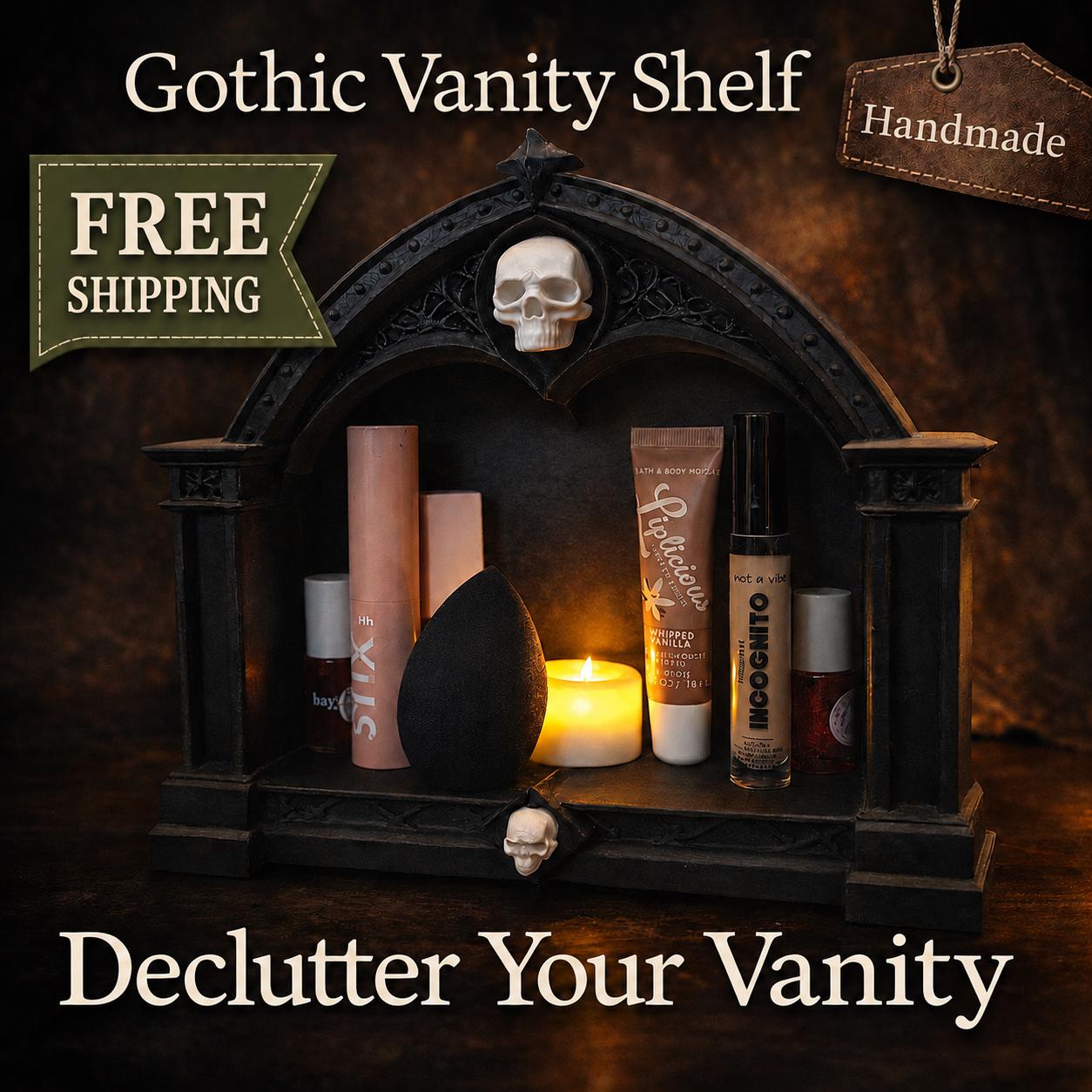 Gothic Cathedral Vanity Shelf | Skull Makeup Holder, Dark Home Decor