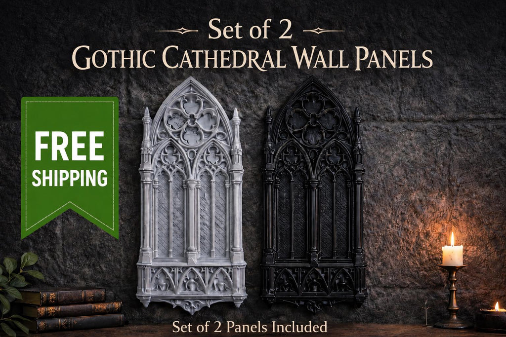 Gothic Cathedral Wall Panels – Set of 2, 12" Tall Matte Black Decor