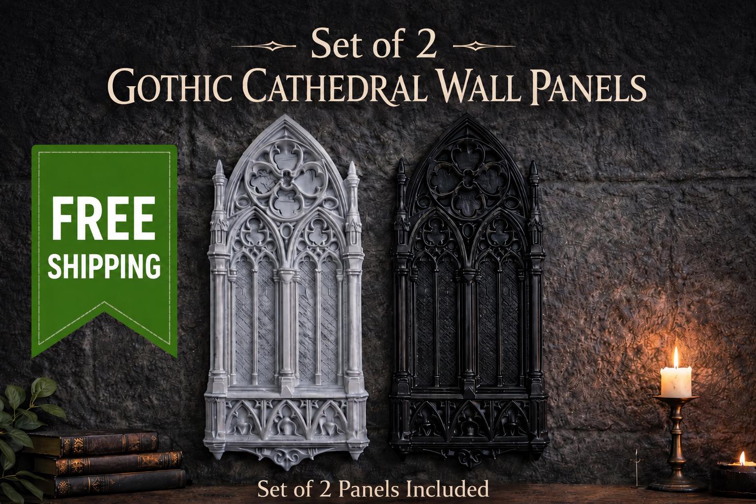 Gothic Cathedral Wall Panels – Set of 2, 12" Tall Matte Black Decor