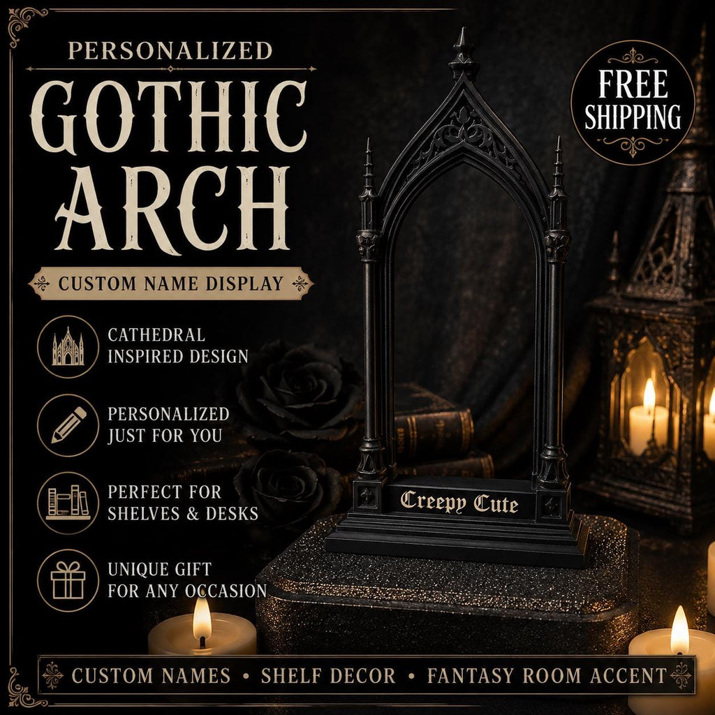 Custom Gothic Arch Display Stand – Personalized Name Plaque – Cathedral Decor – Gothic Shelf Decor – Fantasy Room Accent
