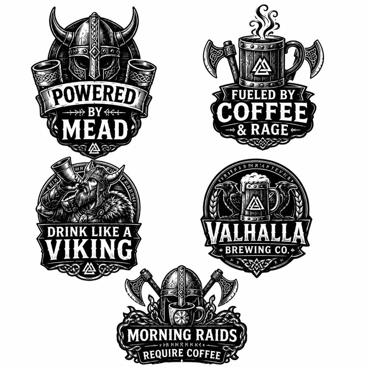 Viking Coffee Stickers | Funny Norse Decals | 3.5x3.5” Viking Sticker Set | Water Bottle Laptop Toolbox Sticker | Choose One or Full Set