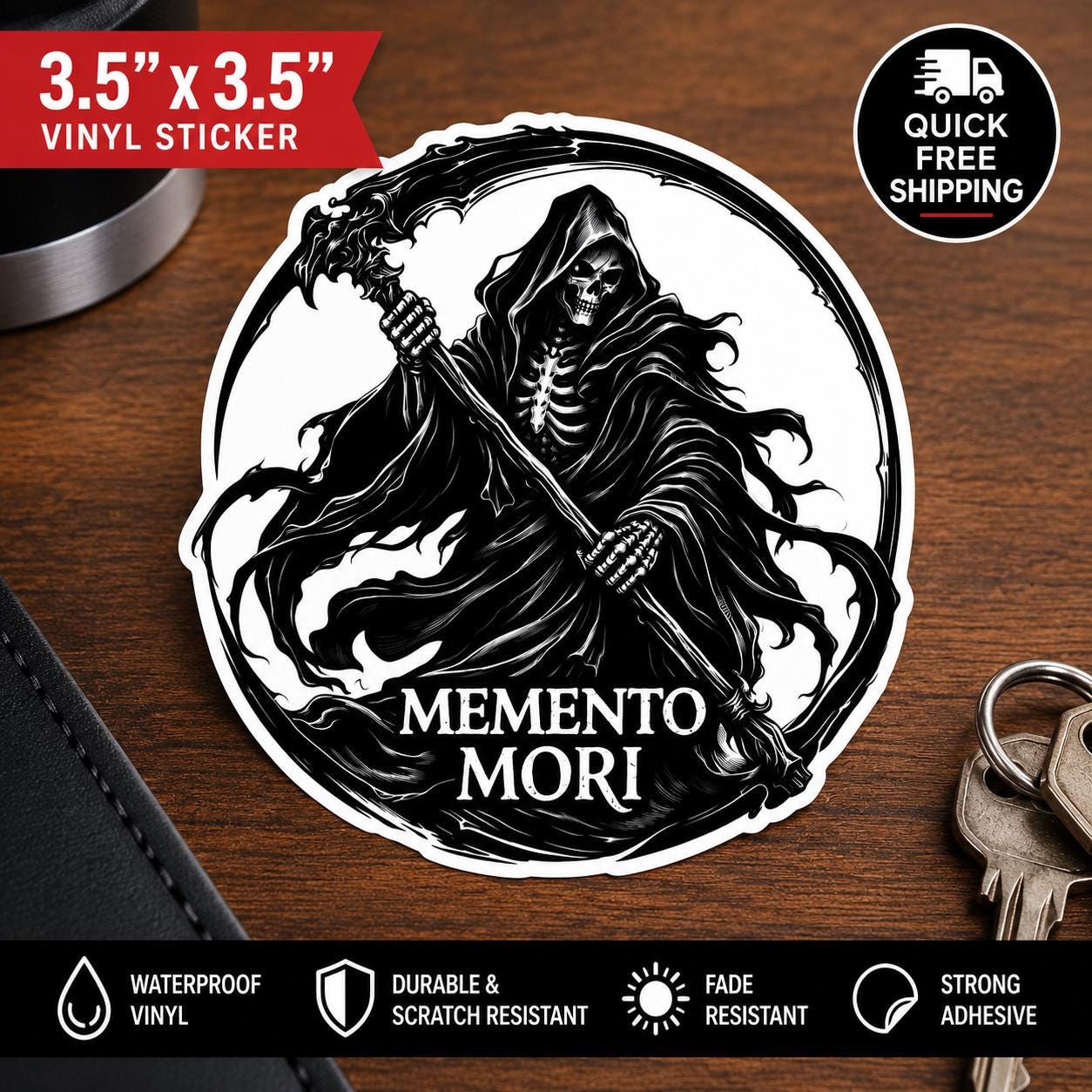 Memento Mori Grim Reaper Sticker, Gothic Vinyl Sticker, Waterproof Goth Decal, Dark Academia Sticker, Laptop Water Bottle Binder Sticker