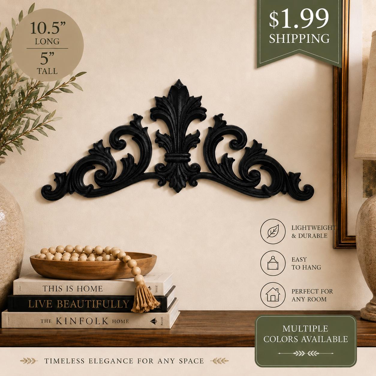 Baroque Wall Decor | Gothic Wall Accent | Ornate Fleur De Lis Wall Hanging | French Inspired Home Decor | Lightweight 3D Printed Accent