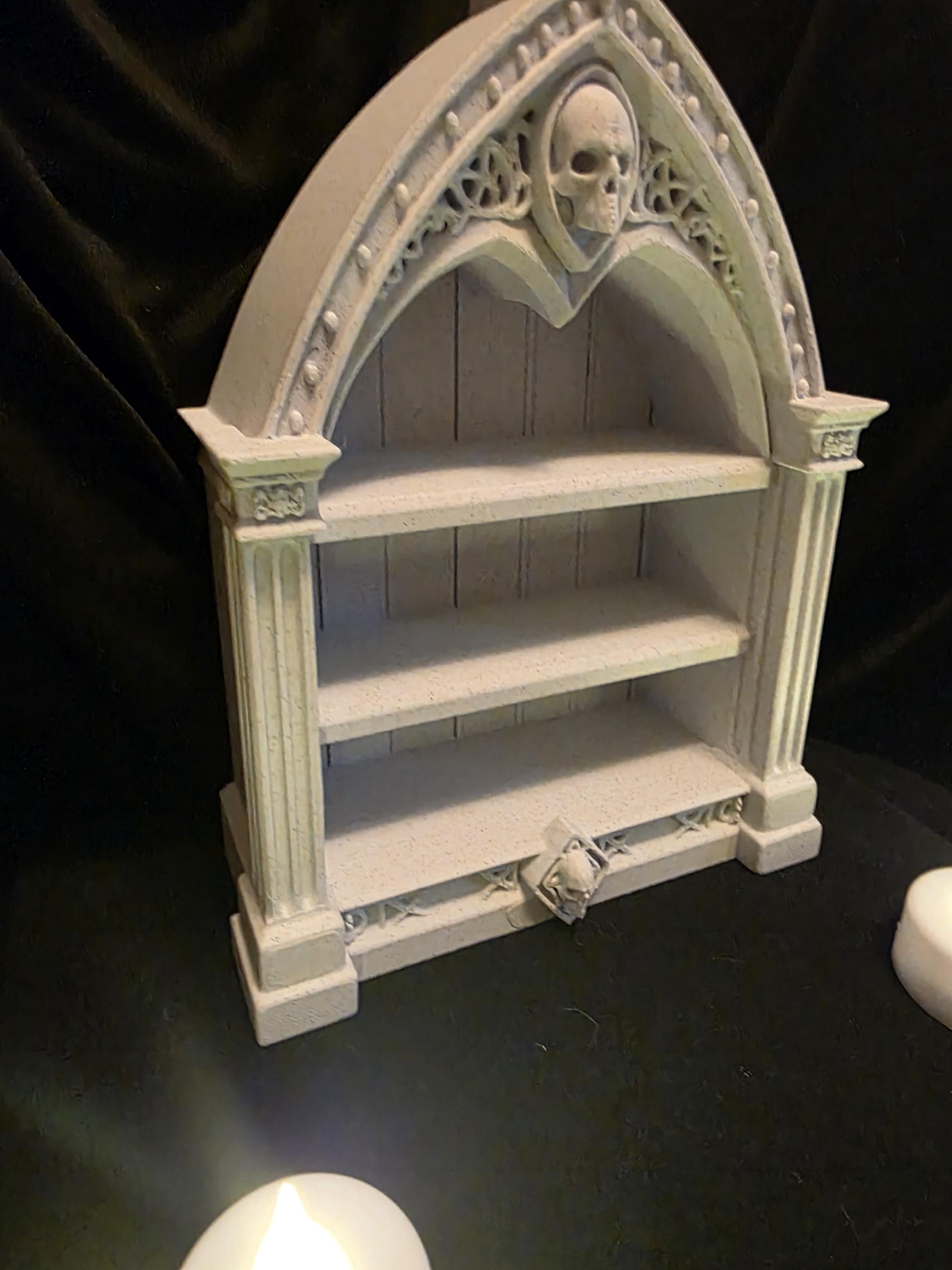 Miniature Gothic Display Shelf – Stone White Cathedral Curio Shelf – Dollhouse Decor & Fantasy Display