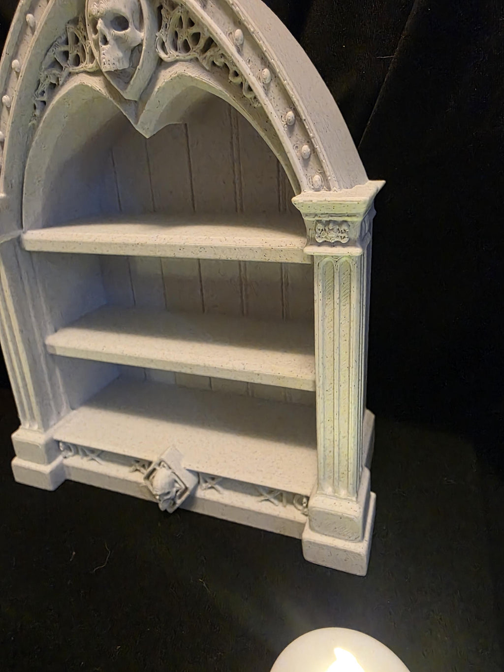 Miniature Gothic Display Shelf – Stone White Cathedral Curio Shelf – Dollhouse Decor & Fantasy Display