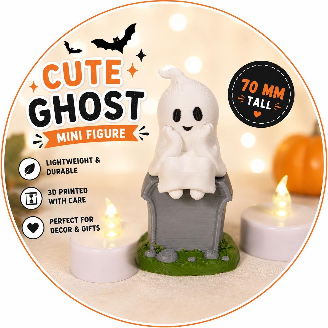 Cute Ghost on Tombstone Collectible Mini Figure | Halloween Shelf Decor | Color Printed Display Piece | Spooky Desk Companion
