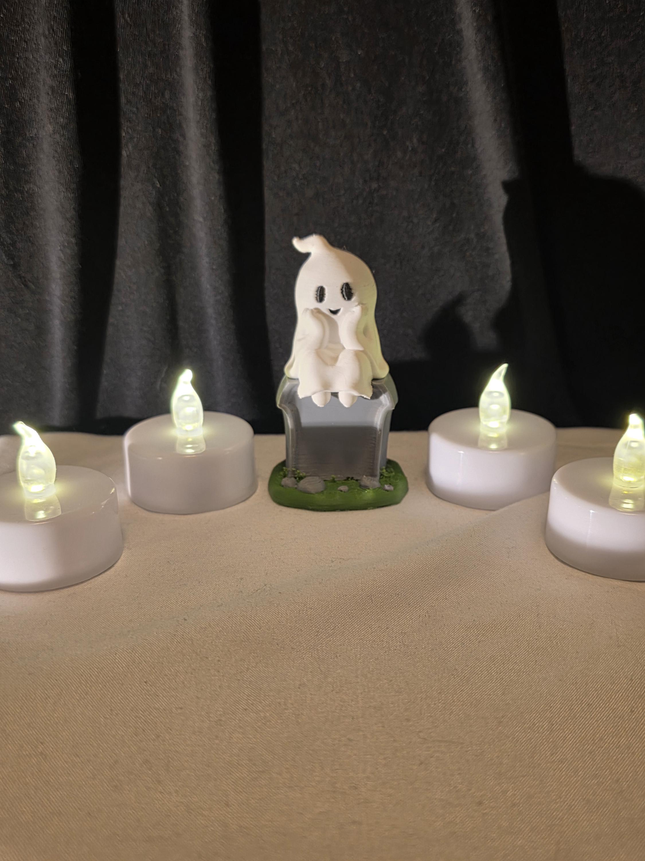 Cute Ghost on Tombstone Collectible Mini Figure | Halloween Shelf Decor | Color Printed Display Piece | Spooky Desk Companion