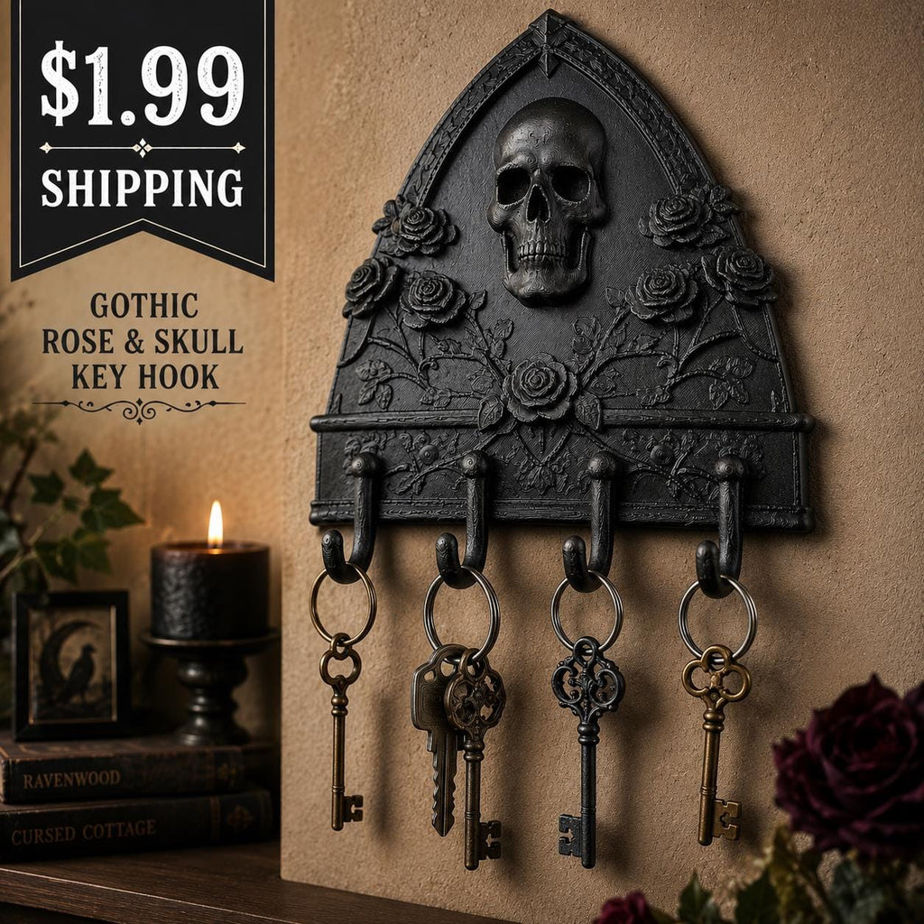 Gothic Skull Key Holder with Roses | 4 Hook Wall Key Rack | Dark Academia Entryway Organizer | Gothic Home Decor | Unique Father’s Day Gift