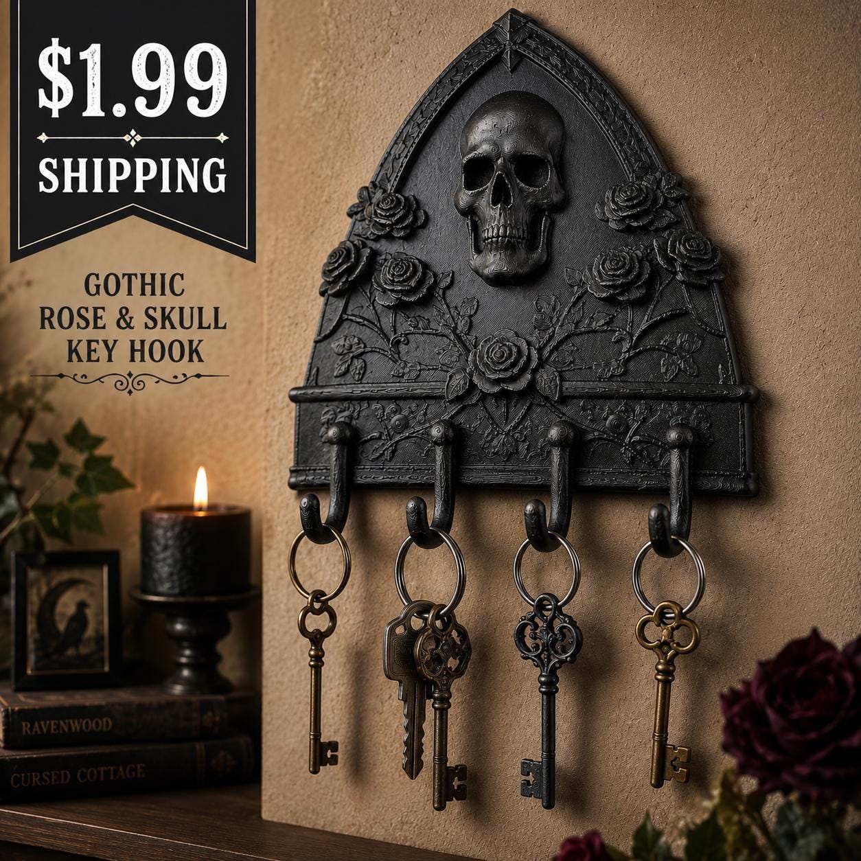 Gothic Skull Key Holder with Roses | 4 Hook Wall Key Rack | Dark Academia Entryway Organizer | Gothic Home Decor | Unique Father’s Day Gift