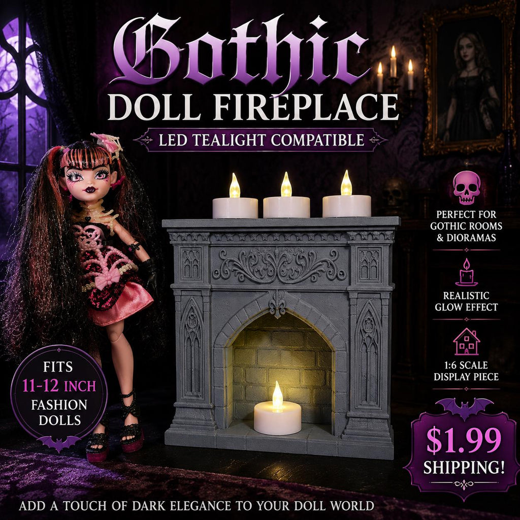 Gothic Doll Fireplace | Miniature Gothic Mantel | Fashion Doll Room Decor | LED Tealight Compatible | 1:6 Scale Display Accessory