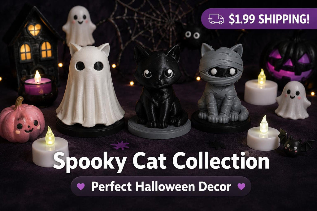 Cute Spooky Gothic Cat Figurines – 3D Printed Mummy, Ghost & Black Cat Desk Decor