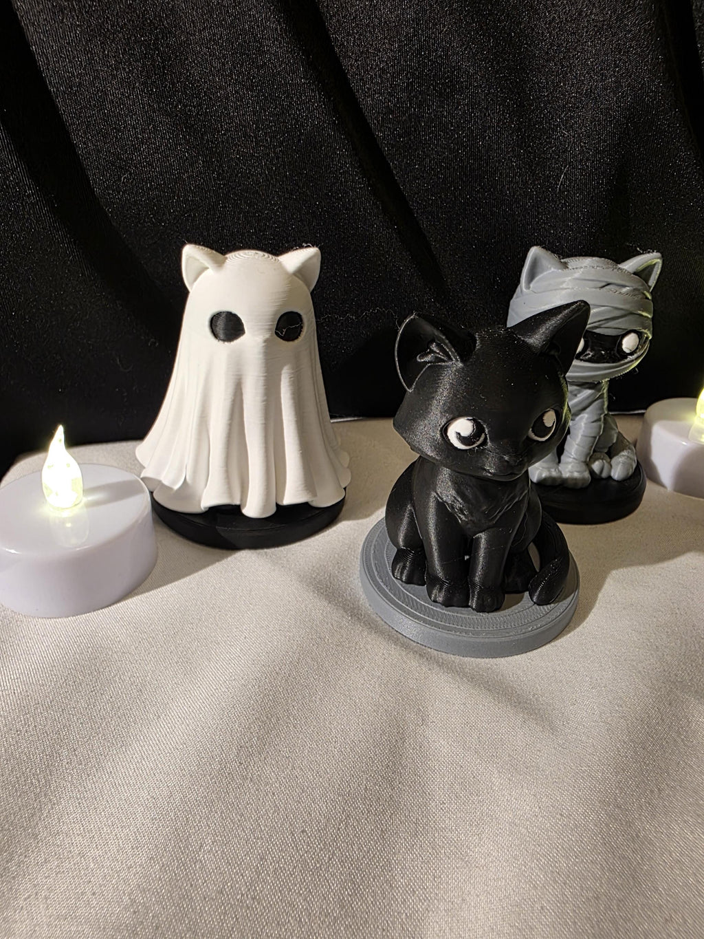 Cute Spooky Gothic Cat Figurines – 3D Printed Mummy, Ghost & Black Cat Desk Decor