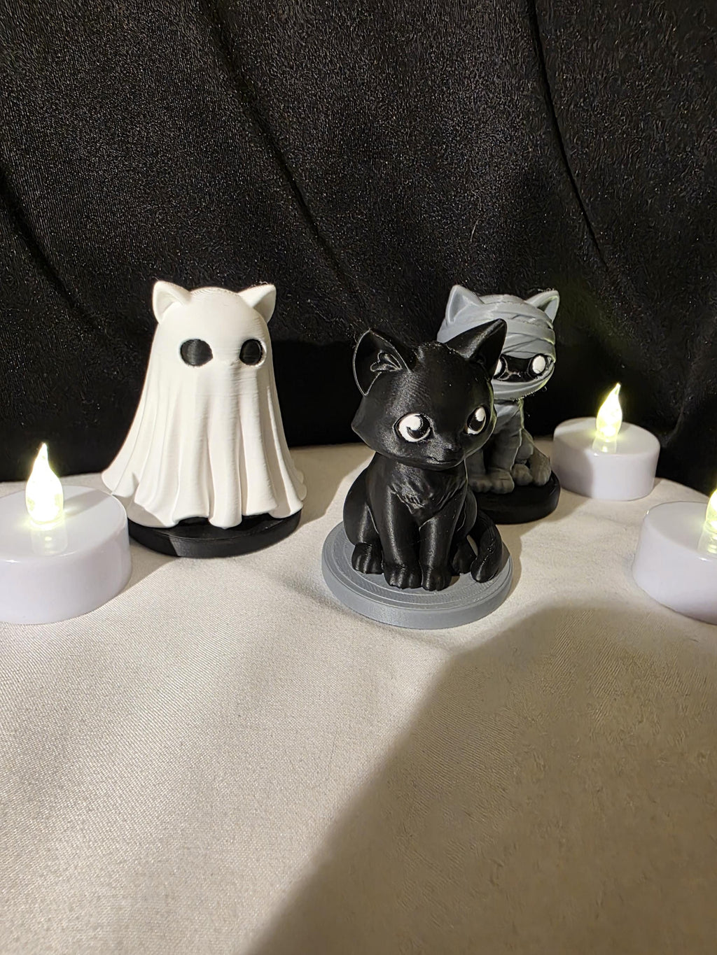 Cute Spooky Gothic Cat Figurines – 3D Printed Mummy, Ghost & Black Cat Desk Decor