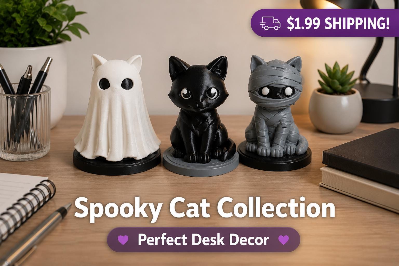 Cute Spooky Gothic Cat Figurines – 3D Printed Mummy, Ghost & Black Cat Desk Decor