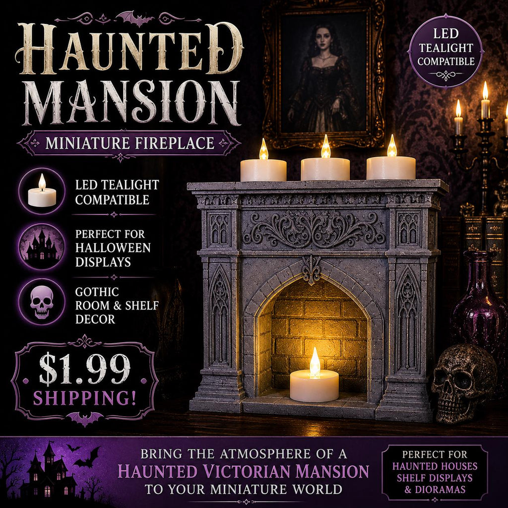 Haunted Mansion Miniature Fireplace | Gothic Halloween Decor | LED Tealight Compatible | Spooky Shelf Display, Statement Piece Decor Display
