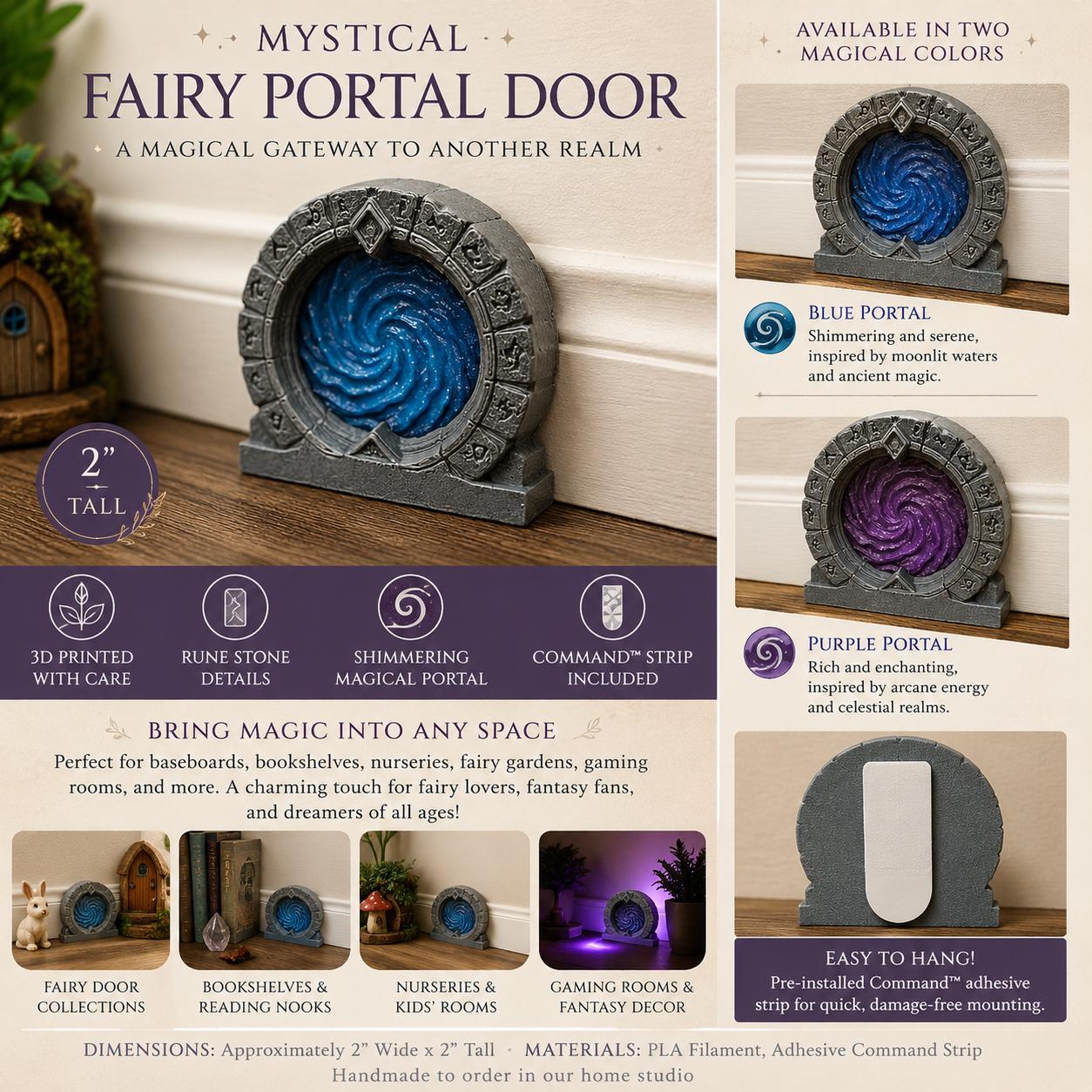 Mystical Fairy Portal Door | Magical Rune Wall Decor | Fantasy Baseboard Accent | Blue or Purple Portal | Command Strip Included
