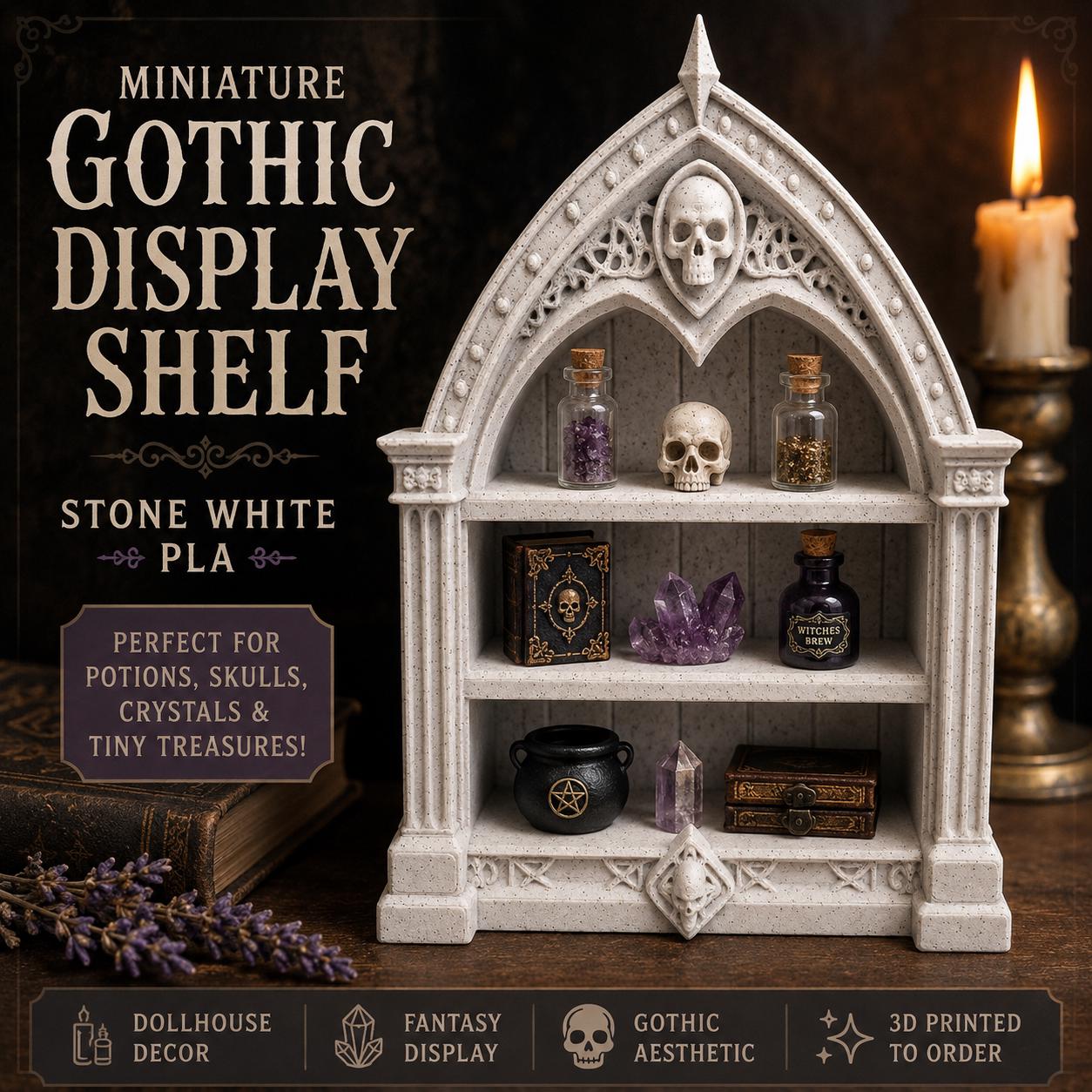 Miniature Gothic Display Shelf – Stone White Cathedral Curio Shelf – Dollhouse Decor & Fantasy Display