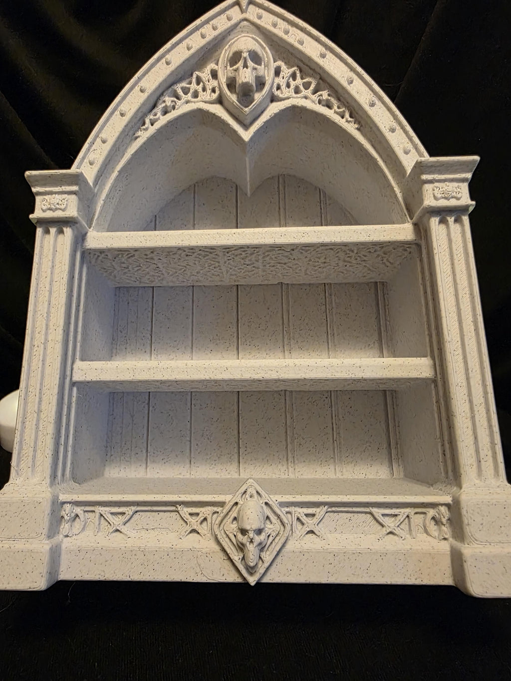 Miniature Gothic Display Shelf – Stone White Cathedral Curio Shelf – Dollhouse Decor & Fantasy Display