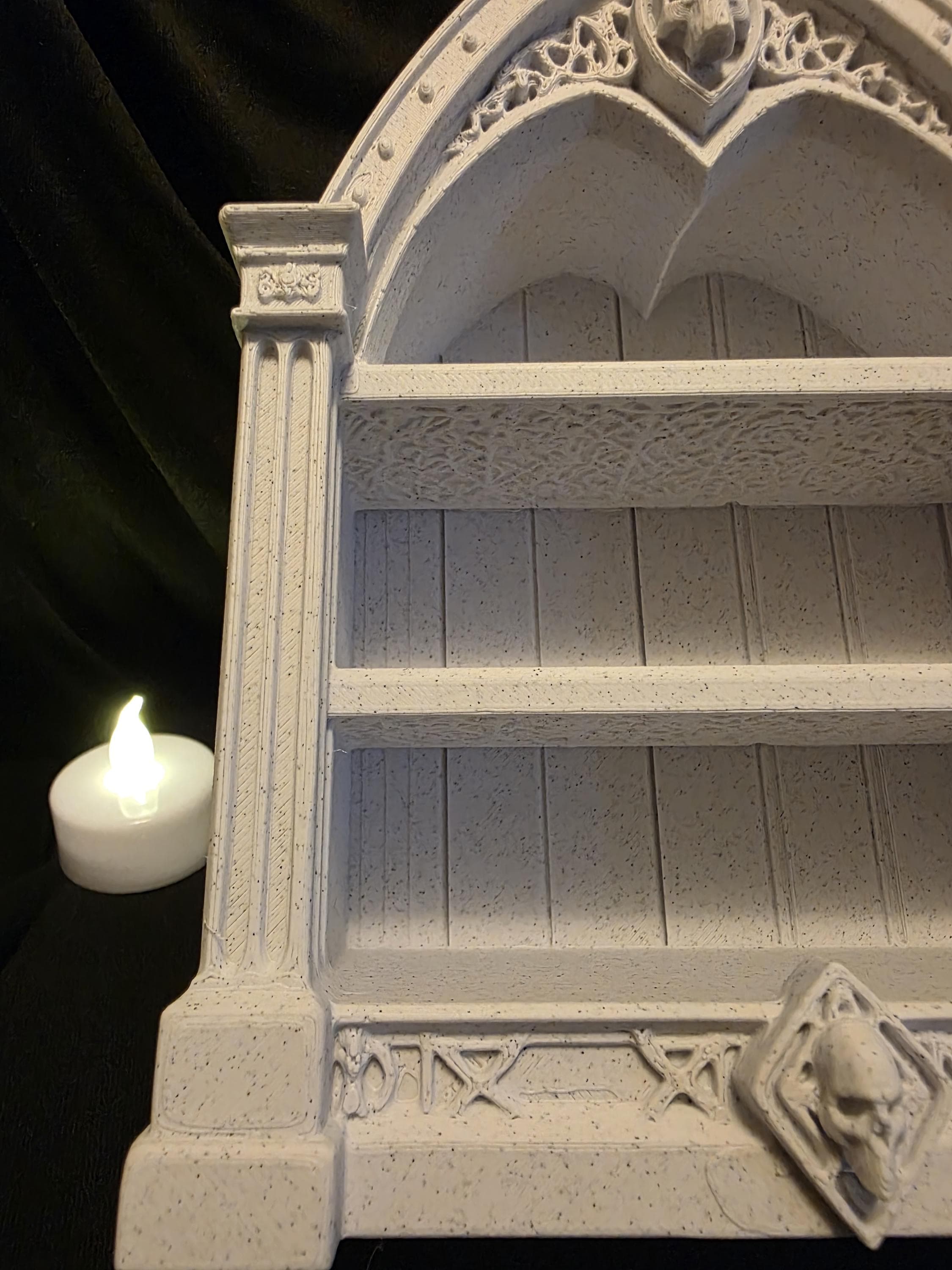 Miniature Gothic Display Shelf – Stone White Cathedral Curio Shelf – Dollhouse Decor & Fantasy Display
